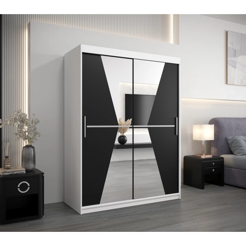 Šatní skříň se zrcadly MILANA - šířka 150 cm, bílá / černá