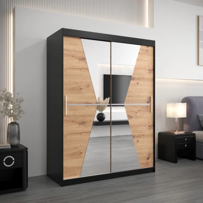 Šatní skříň se zrcadly MILANA - šířka 150 cm, černá / dub artisan