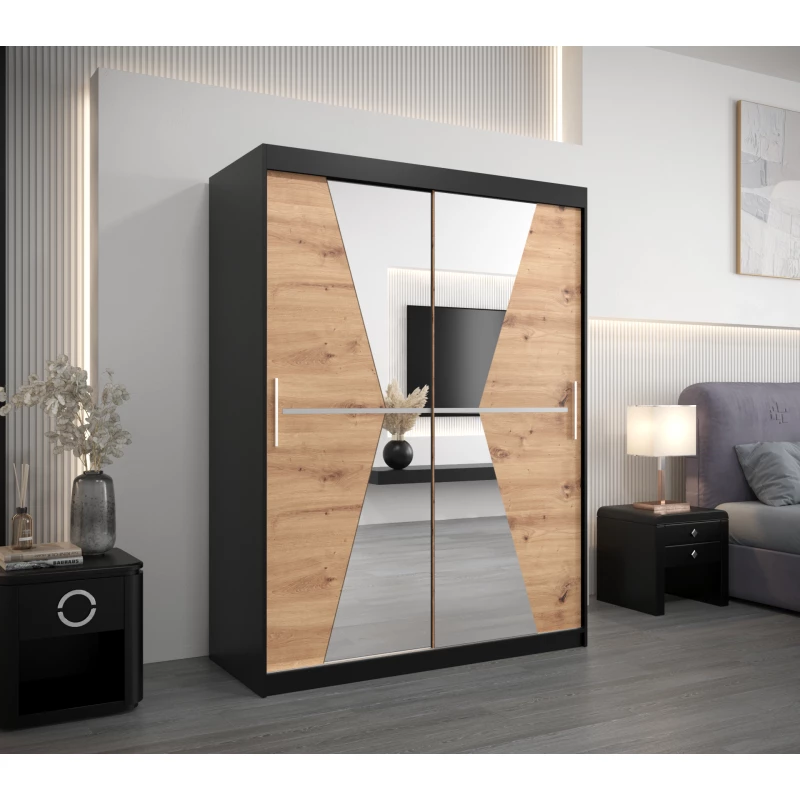 Šatní skříň se zrcadly MILANA - šířka 150 cm, černá / dub artisan