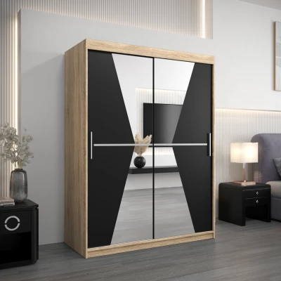 Šatní skříň se zrcadly MILANA - šířka 150 cm, dub sonoma / černá