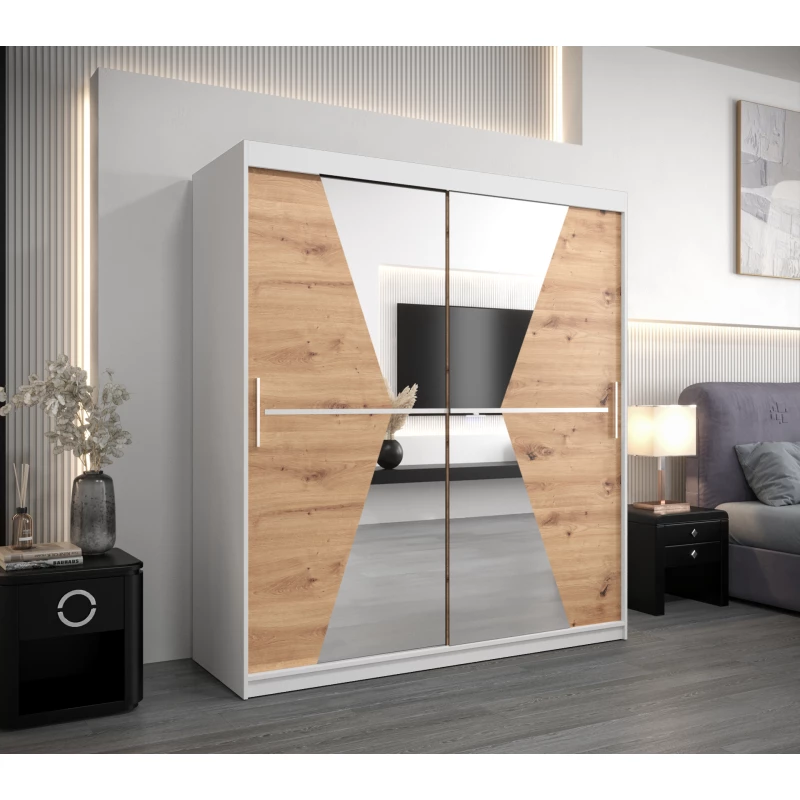 Skříň s posuvnými dveřmi MILANA - šířka 180 cm, bílá / dub artisan