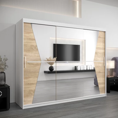 Skříň s posuvnými dveřmi MILANA - šířka 250 cm, bílá / dub sonoma