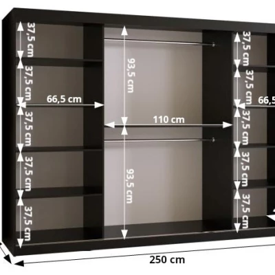 Skříň se zrcadlem MADELEIN 3 - šířka 250 cm, černá + ořech