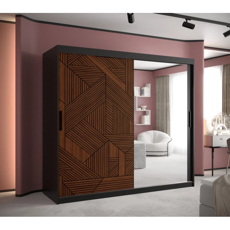 Skříň se zrcadlem MADELEIN 3 - šířka 200 cm, černá + ořech