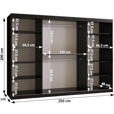 Šatní skříň se zrcadlem RADKIN 2 - šířka 250 cm, černá / bílá