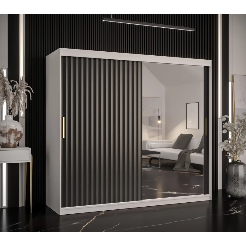 Šatní skříň se zrcadlem RADKIN 2 - šířka 200 cm, bílá / černá