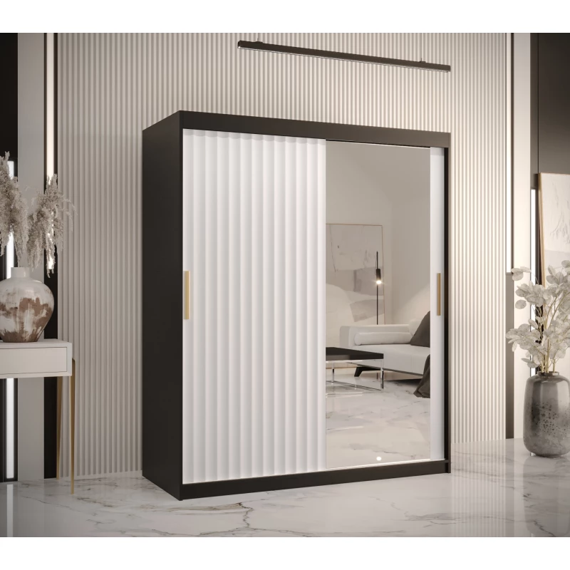 Šatní skříň se zrcadlem RADKIN 2 - šířka 150 cm, černá / bílá