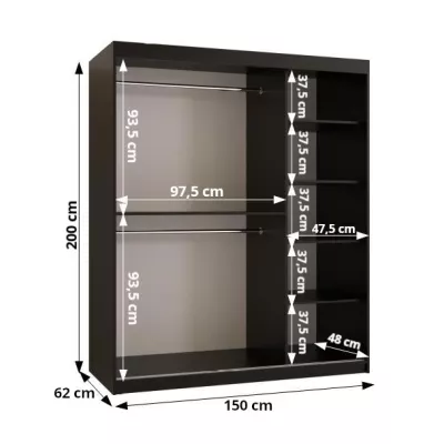 Šatní skříň se zrcadlem RADKIN 2 - šířka 150 cm, černá / bílá
