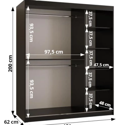 Šatní skříň se zrcadlem RADKIN 2 - šířka 150 cm, bílá / černá