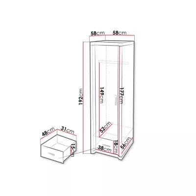 Úzká šatní skříň AIRA - šířka 58 cm, dub sonoma