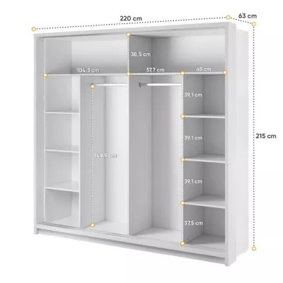 Šatní skříň 220 cm s posuvnými dveřmi MAWELYN 9 - bílá + LED osvětlení ZDARMA