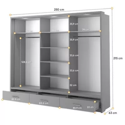 Široká šatní skříň 250 cm MAWELIN 1 - šedá + LED osvětlení ZDARMA