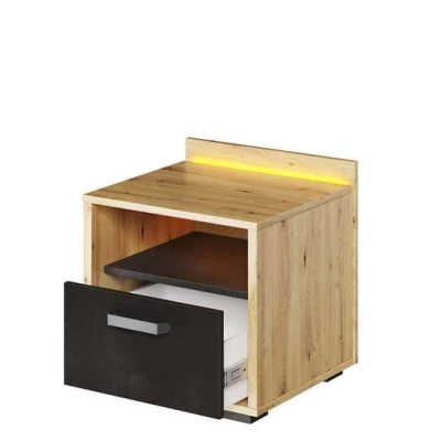 Noční stolek s LED osvětlením QUYEN - dub artisan / raw steel