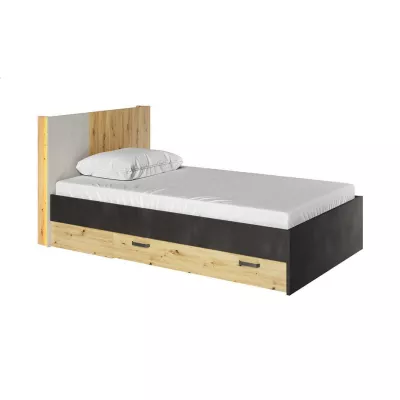 Jednolůžková postel s roštem a šuplíky QUYEN - 90x200, dub artisan / silk / raw steel