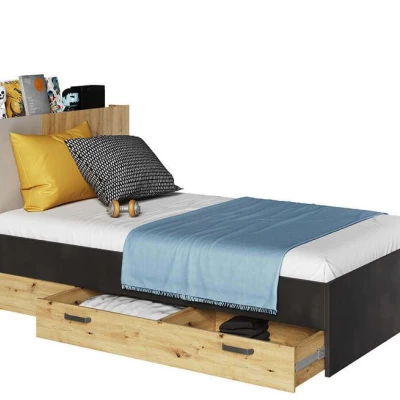 Jednolůžková postel s roštem a šuplíky QUYEN - 120x200, dub artisan / silk / raw steel