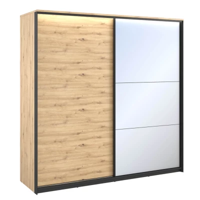 Šatní skříň s posuvnými dveřmi a osvětlením QUINTY - 220 cm, dub artisan / černá