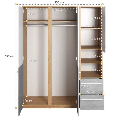 Kombinovaná skříň PANAJA - 150 cm, dub nash / bílá / beton