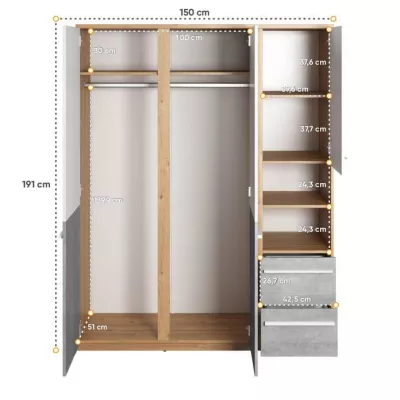 Kombinovaná skříň PANAJA - 150 cm, dub nash / bílá / beton