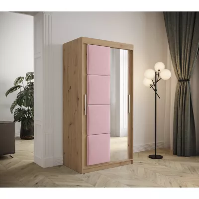 Šatní skříň s posuvnými dveřmi 100 cm TALIA - dub artisan / růžová