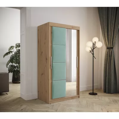 Šatní skříň s posuvnými dveřmi 100 cm TALIA - dub artisan / tyrkysová