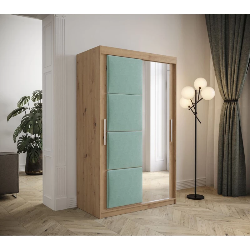 Šatní skříň s posuvnými dveřmi 120 cm TALIA - dub artisan / tyrkysová