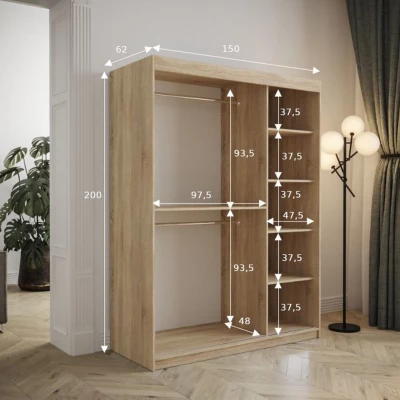 Šatní skříň s posuvnými dveřmi 150 cm TALIA - dub artisan / růžová
