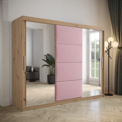 Šatní skříň s posuvnými dveřmi 250 cm TALIA - dub artisan / růžová