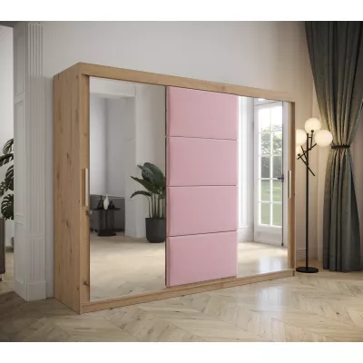 Šatní skříň s posuvnými dveřmi 250 cm TALIA - dub artisan / růžová
