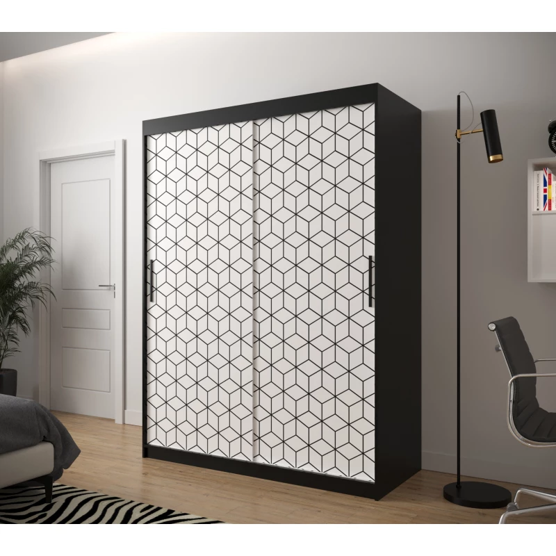 Šatní skříň s grafikou PERIANA 1 - šířka 150 cm, černá / bílá