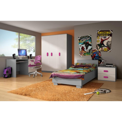 VÝPRODEJ - Třídveřová šedobílá šatní skříň do dětského pokoje SVEN 2, úchytky - šířka 120 cm, růžová