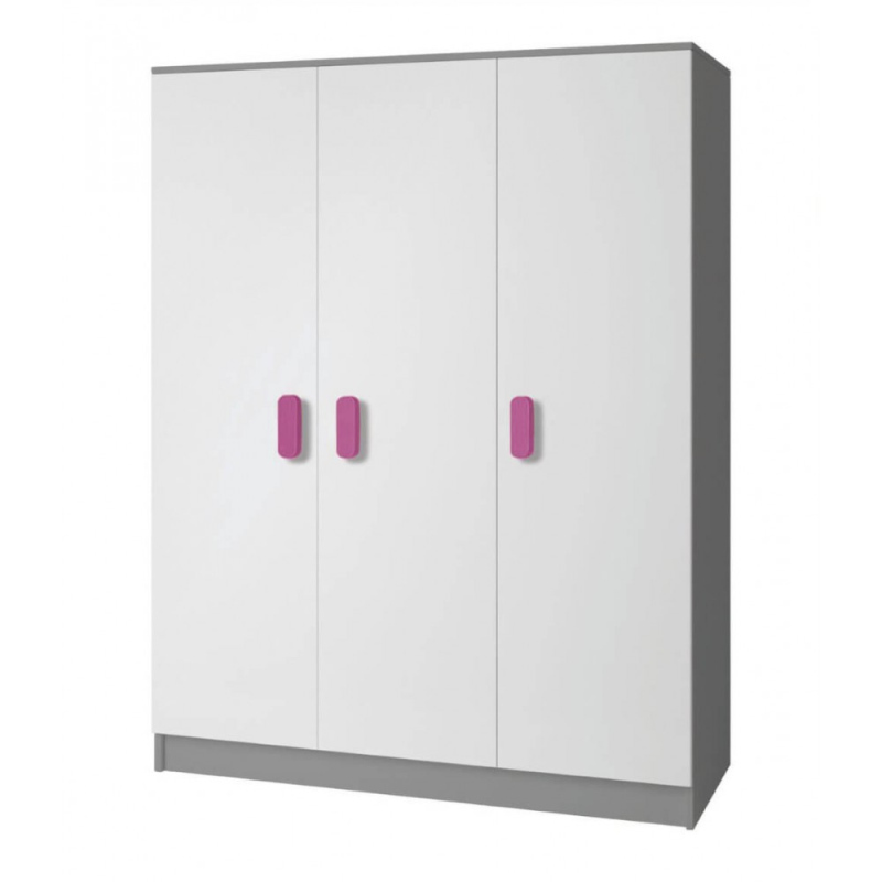 VÝPRODEJ - Třídveřová šedobílá šatní skříň do dětského pokoje SVEN 2, úchytky - šířka 120 cm, růžová