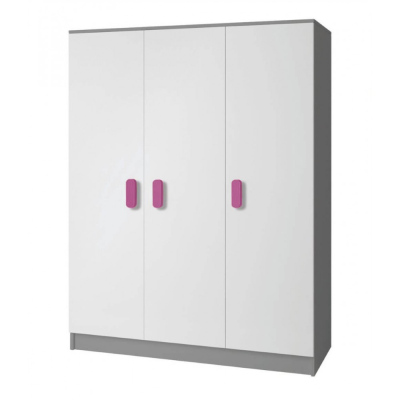 VÝPRODEJ - Třídveřová šedobílá šatní skříň do dětského pokoje SVEN 2, úchytky - šířka 120 cm, růžová