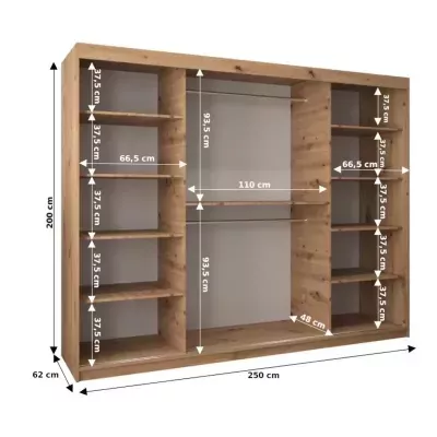 Šatní skříň se zrcadlem ANNA - šířka 250 cm, dub sonoma