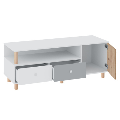 VÝPRODEJ - Televizní stolek ALANEN - bílý / dub artisan / šedý