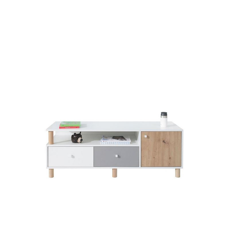 VÝPRODEJ - Televizní stolek ALANEN - bílý / dub artisan / šedý