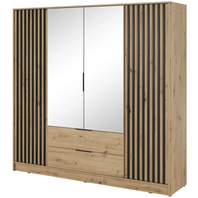Čtyřdveřová skříň se zrcadlem MARFA - šířka 206 cm, dub artisan / černá