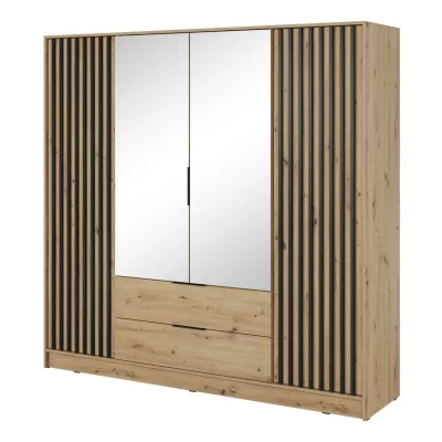Čtyřdveřová skříň se zrcadlem MARFA - šířka 206 cm, dub artisan / černá