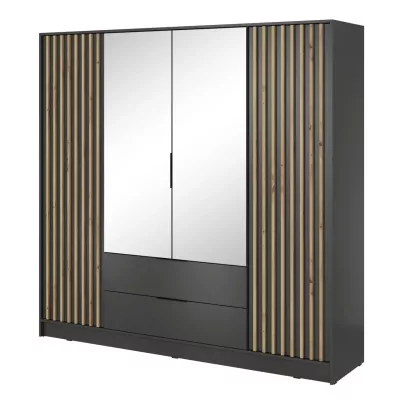 Čtyřdveřová skříň se zrcadlem MARFA - šířka 206 cm, grafit / dub artisan
