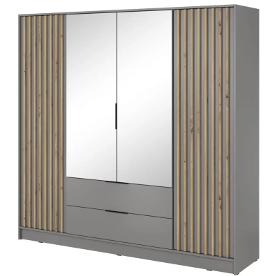 Čtyřdveřová skříň se zrcadlem MARFA - šířka 206 cm, šedá / dub artisan
