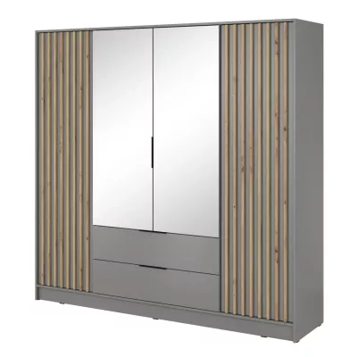 Čtyřdveřová skříň se zrcadlem MARFA - šířka 206 cm, šedá / dub artisan