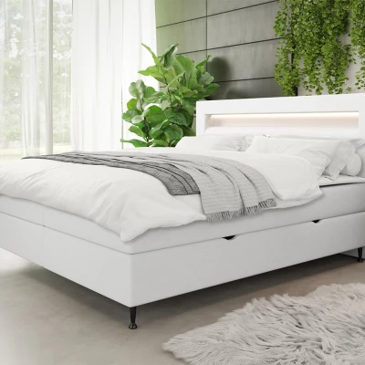 Hotelová postel s LED osvětlením 160x200 ORLANDO - bílá ekokůže + topper ZDARMA