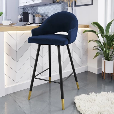 Čalouněná barová židle HILARY - černá / zlatá / modrá