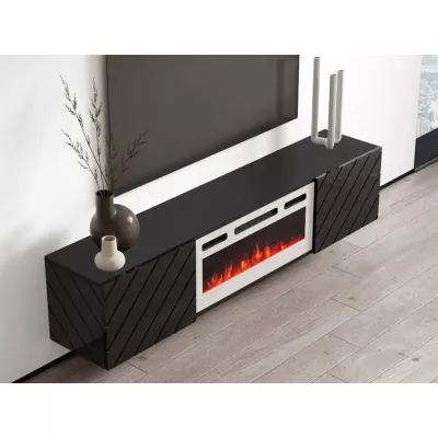Závěsný TV stolek s elektrickým krbem WANDER - černý / lesklý černý / bílý