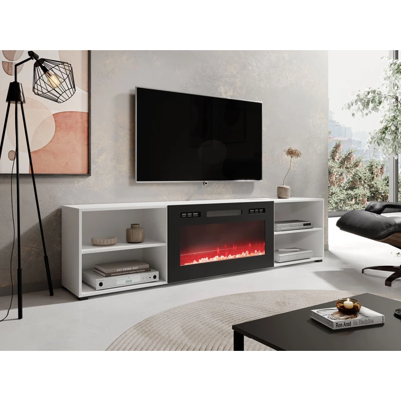 TV stolek s elektrickým krbem MALEN 2 - bílý / lesklý černý