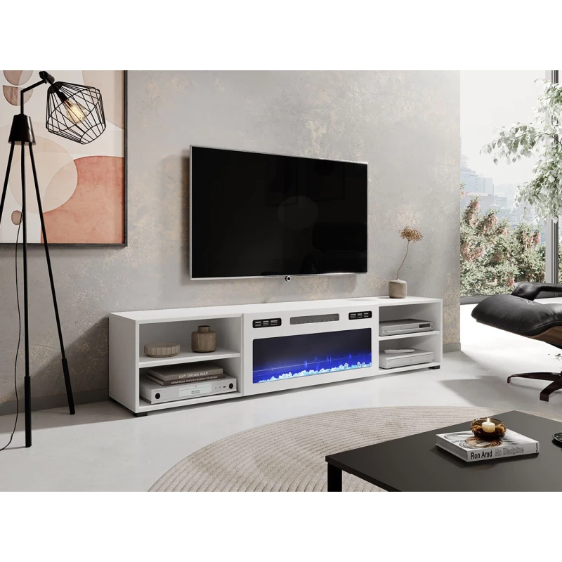 TV stolek s elektrickým krbem MALEN 1 - bílý / lesklý bílý