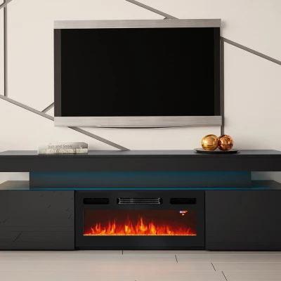 TV stolek s elektrickým krbem USOA - lesklý černý + LED osvětlení ZDARMA