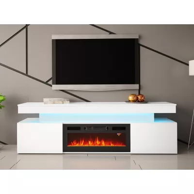 TV stolek s elektrickým krbem USOA - lesklý bílý + LED osvětlení ZDARMA
