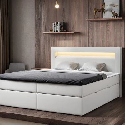 Kontinentální manželská postel s LED osvětlením 160x200 CHUCKA - bílá ekokůže + topper ZDARMA
