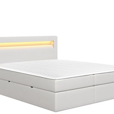 Kontinentální manželská postel s LED osvětlením 140x200 CHUCKA - bílá ekokůže + topper ZDARMA