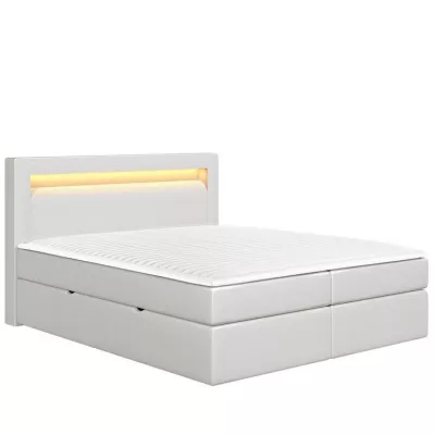Kontinentální manželská postel s LED osvětlením 160x200 CHUCKA - bílá ekokůže + topper ZDARMA